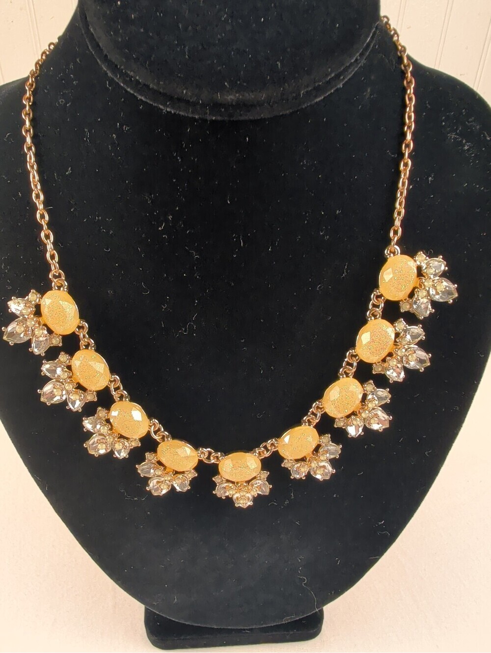 Charming Charlie Yellow Cabochon Flower Bib Collar Necklace Gold Tone